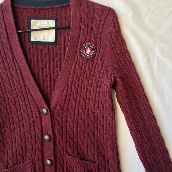 Abercrombie Fitch Burgundy Red Cotton Cardigan Sweater Womens Size M Cable Knit - Picture 5 of 16